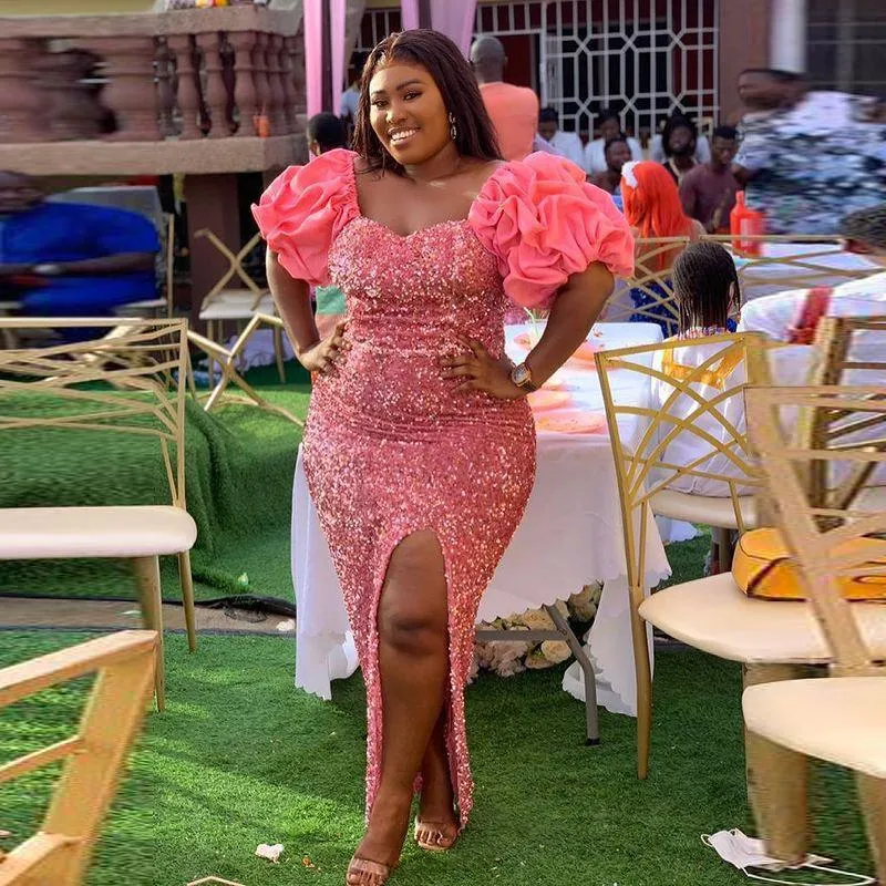 Plus Size Shiny Watermelon Sexy Pailletten Aso Ebi Meerjungfrau Ballkleider High Side Split Formale Partykleider mit Puffy Short Sleeves Formelles Kleid nach Maß