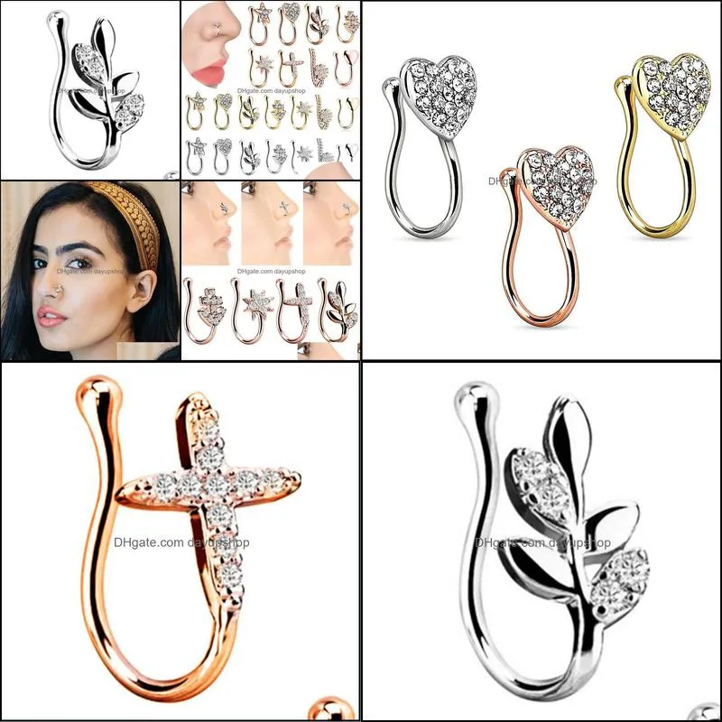 Nose Rings & Studs Body Jewelry 1Piece Stainless Steel Heart Clip On Ring Star Fake Piercing Cross Faux Nez Drop Delivery 2021 Jreyy