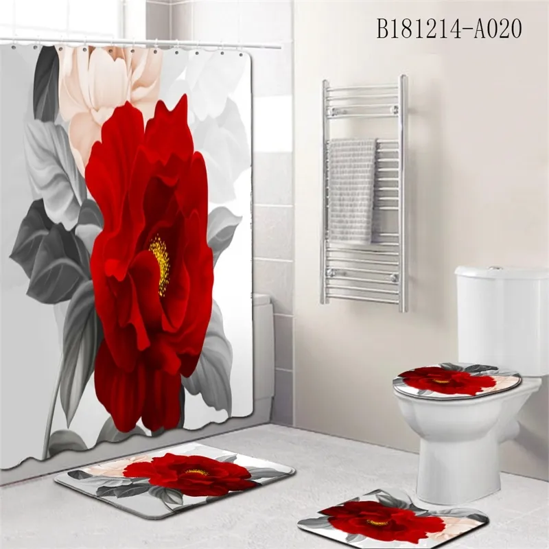 4 pçs / conjunto elegante flores padrão cortina de cortina de chuveiro conjunto antiderrapante tapete de tapetes para banheiro banheiro Y200108