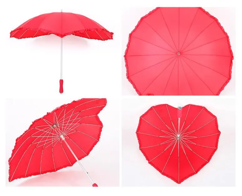 Red Heart Shape Umbrella Romantic Parasol Long-handled Umbrellas for Wedding Photo Props-Umbrella Valentine`s Day gift SN3122