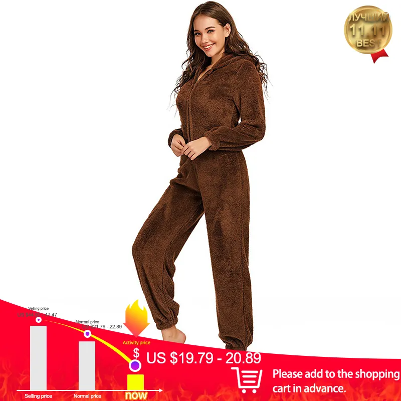 Fleece verdicken mit Kapuze warme Frauen Onesies plus Samt Reißverschluss Langarm Damen Pyjamas Winter Casual Solid Female Homewear 201109