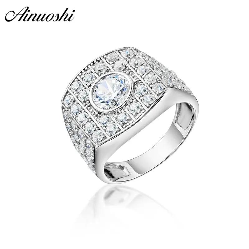 AINOUSHI 925 Sterling Silver Men Wedding Engagement Round Halo Ring Male Silver Anniversaire Anneau Party Gift Jewelry hombre suena Y200107