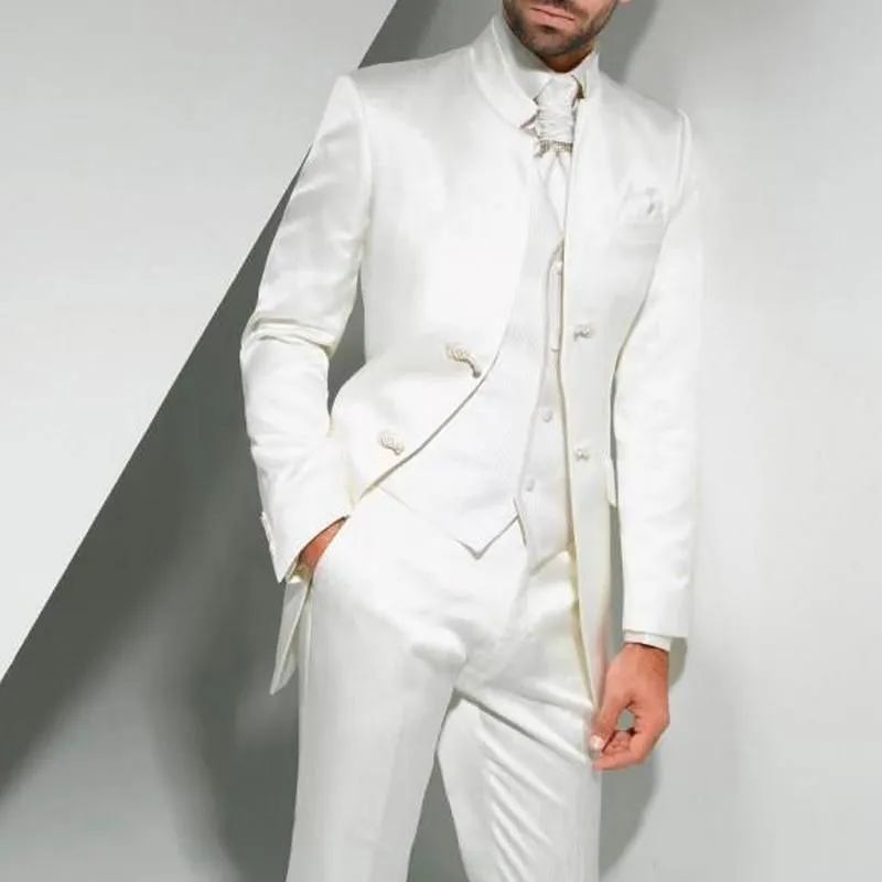 Vit Bröllop Tuxedos för Groom Wear Two Button Custom Made Män Passar Tre Piece Groomsmen Suit (Jacka + Byxor + Vest)