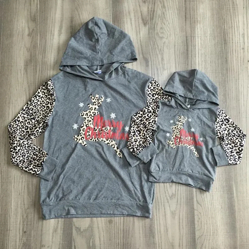 Girlymax fall/winter Merry Christmas baby girls mommy adult raglans boutique cotton leopard top children clothes hoodie deer LJ201111