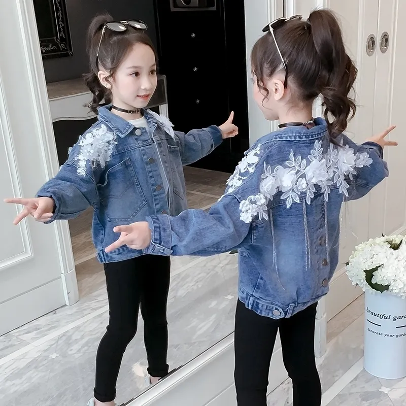 Mode Mädchen Jacken für Frühling Kinder Jeans Mäntel Spitze Weiße Blume Kleidung Teenager Umlegekragen Denim Tops 6 8 12Y 201106