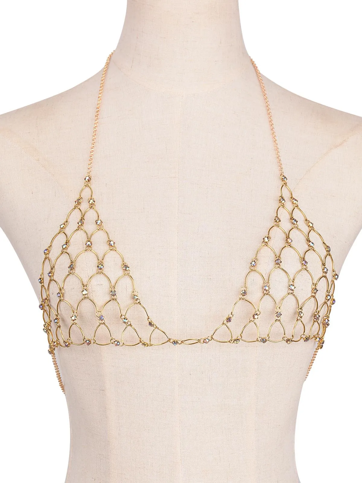 Sexy beach bikini gold alloy rhinestone diamond bra chain brass body chain  women's style Nightclub accessories