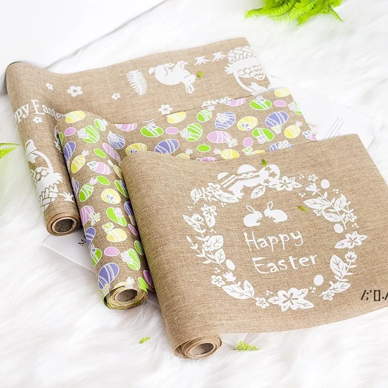 New Happy Easter Linen Table Runners with Rabbit Easter Eggs Printed Rustic Easter Decorations for Home CCB13427
