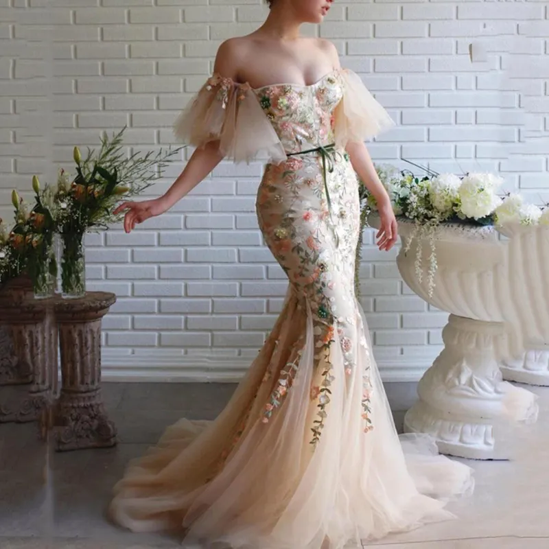 Seksi Şampanya Mermaid Gelinlik Modelleri Kapalı Omuz Sevgiliye Uzun Örgün Abiye giyim Aplike Dantel Kadınlar Özel Durum Elbise Özelleştirmek