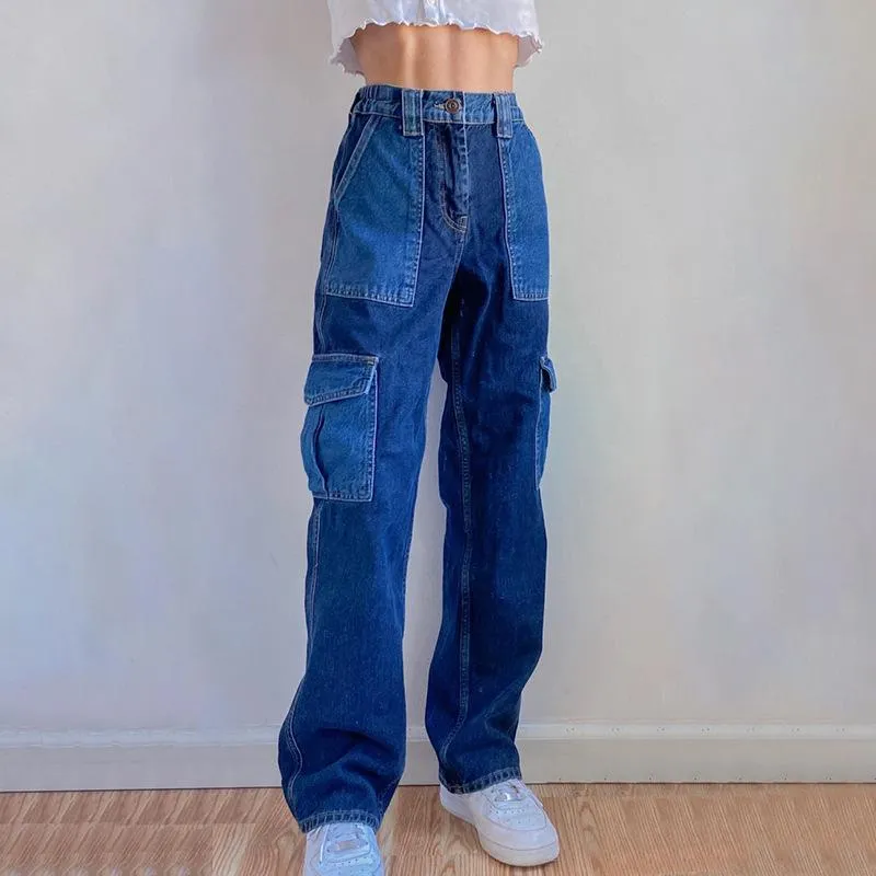 Pantalones vaqueros holgados de estilo Hip Hop para mujer, Vaqueros desgastados de retazos de cintura alta elásticos Vintage, pantalón de mujer 2020, bolsillo grande estético