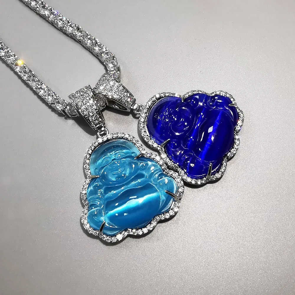 Blue Buddha Pendant AAA Cubic Zircon Necklace With Tennis Chain Fashion Hip Hop Punk Jewelry Gifts Q1113