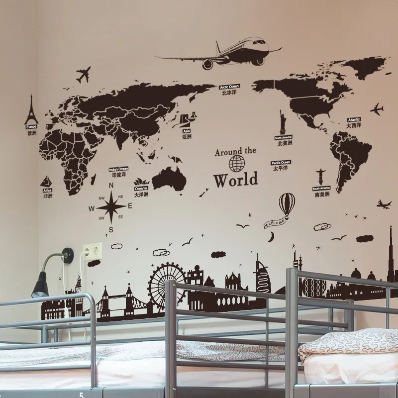 [SHIJUEHEZI] Weltkarte Wandaufkleber DIY schwarze Gebäude Wandtattoos für Wohnzimmer Schlafzimmer Haus Dekoration Zubehör 201201