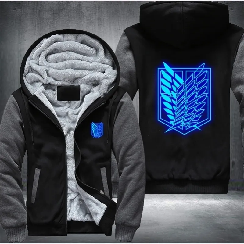 USA Taille Shingeki No Kyojin Attaque sur Titan Aren Lumineux Bleu Vert Hommes Femmes Impression Motif Épaissir Veste Polaire Sweats à capuche 201020