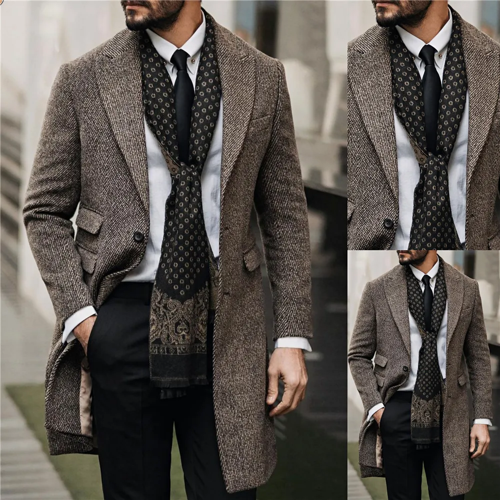 Hiver Tweed Men Costumes pour le marié Tuxedos Fashion Fashion Fashion Long Coat Suit Prom Prom Blazer Une seule veste