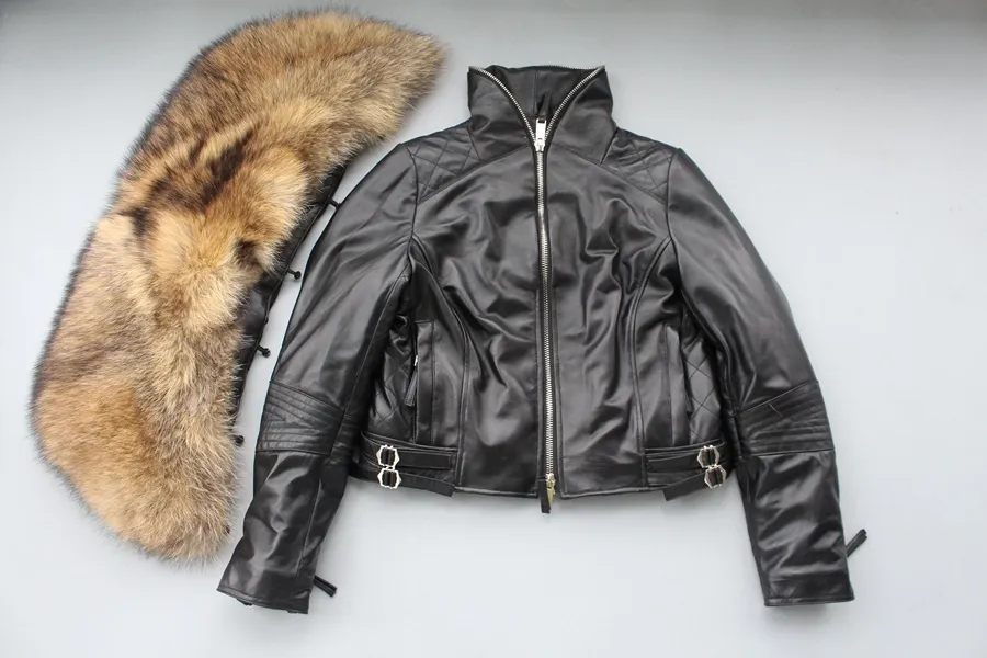 genuine sheepskin leather jacket with big raccoon fur collar (8)