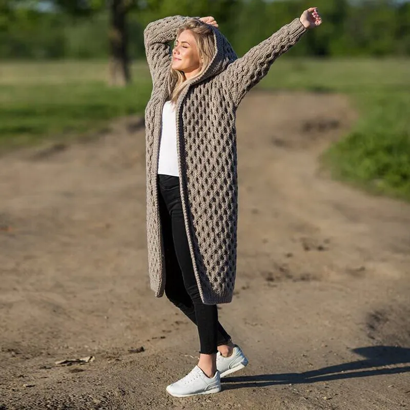 Long Loose Sweater Cardigans Lady Outerwear Fall Sleeve Solid Argyle Sweater Knitted Hooded Open Front Autumn Women Fashion 201128
