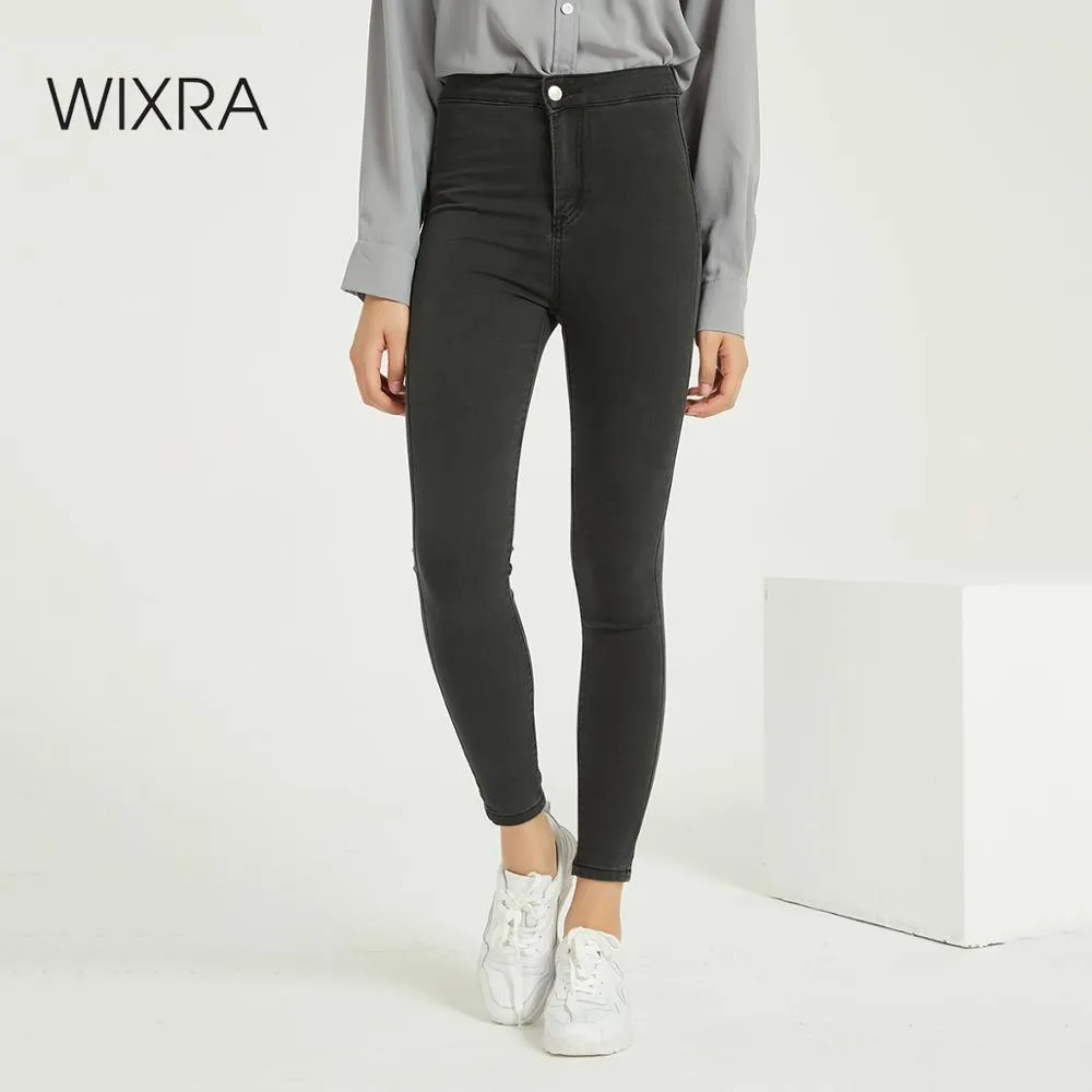 Wixra mulheres magra lápis jeans jeans altos bolsos de cintura macio estiramento fino calças calças primavera outono senhoras roupas lj201030