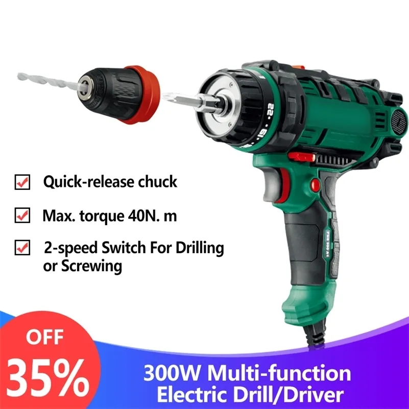 40N.m 300W Electric Power Drill Screwdriver 2-speed Torque Driver Handheld Impact Drill Tool with Quick-release Chuck Drill Bits 201225