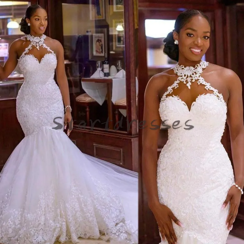 Svarta tjejer sjöjungfru bröllopsklänningar afrikansk halter nacke applikationer spets kyrka bröllopsklänning 2021 plus storlek landstrand sexig robe de marie