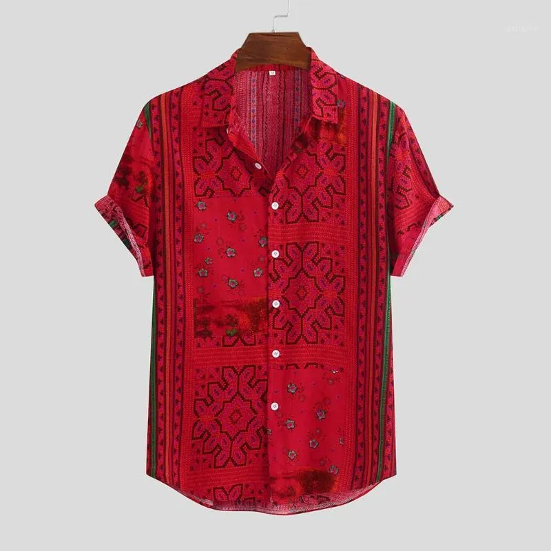 Feitong hommes chemise à rayures été 2020 boutons vers le bas à manches courtes chemise hawaïenne ample décontracté imprimé rouge Blusas1