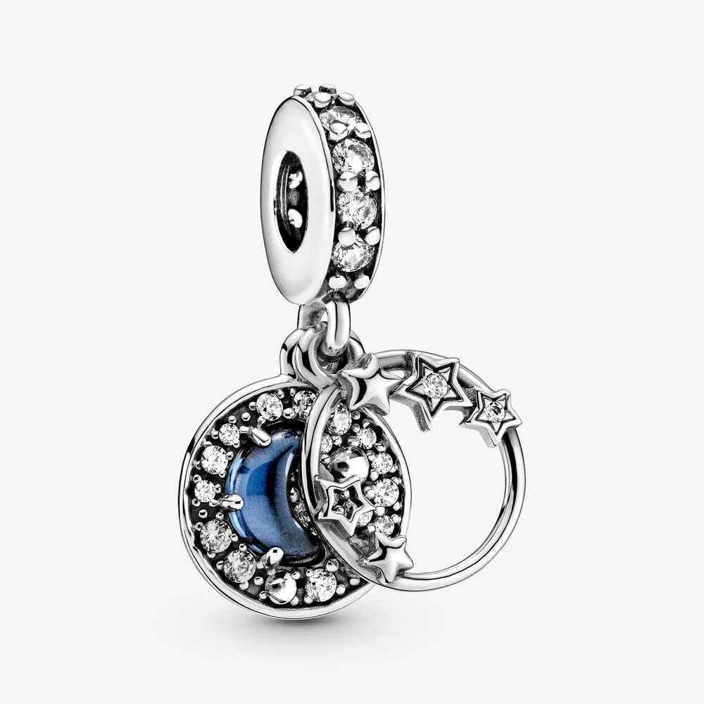 925 Sterling Silver Blue Night Sky Crescent Moon Stars Dangle Charms Fit Original European Charm Bracelet Mode Kvinnor Bröllop Förlovning Smycken Tillbehör