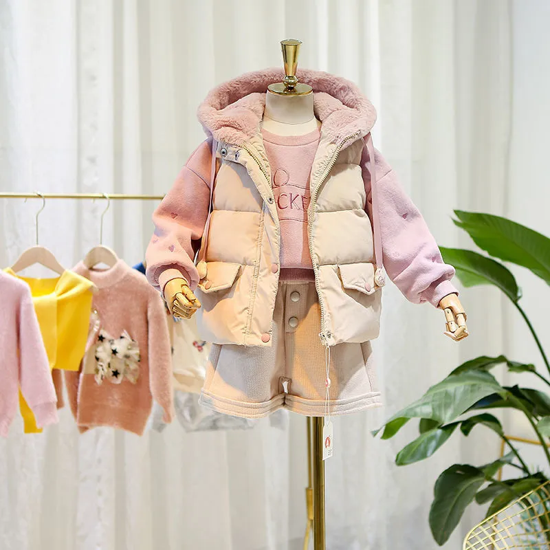 Meninas Autumn e Winter Clothing Configurar novas crianças com capuz de lã Hoodie coreano Estilo estrangeiro Coloque espessado Coloque dois sets