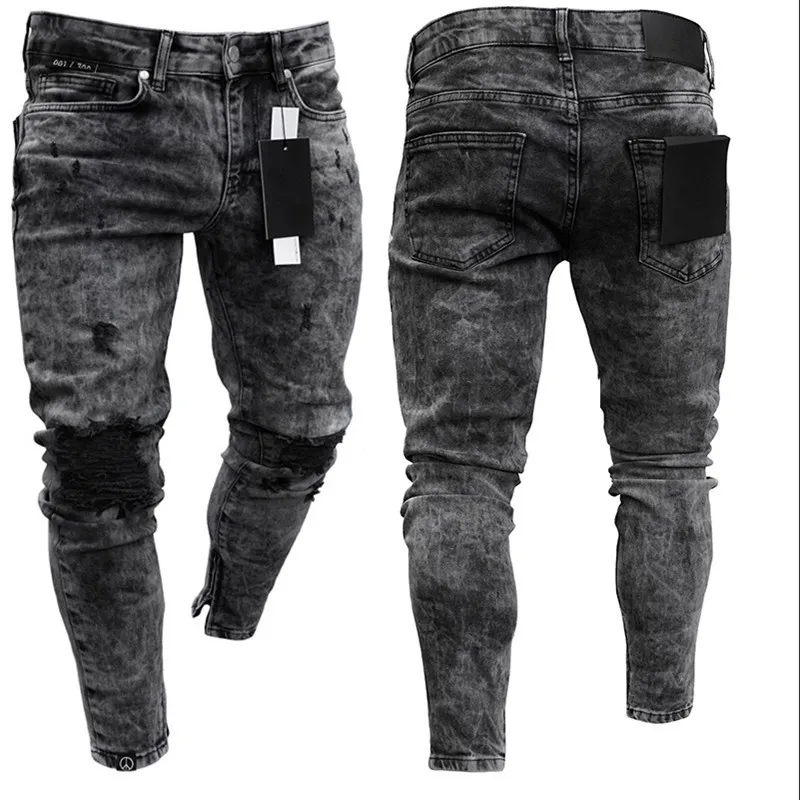 Męskie spodnie dresowe seksowne dżinsy do dziury spodnie swobodny zamek błyskawiczny mężczyzna rozryte chude spodnie czarne motocyklowe pensyk długie spodnie 220314