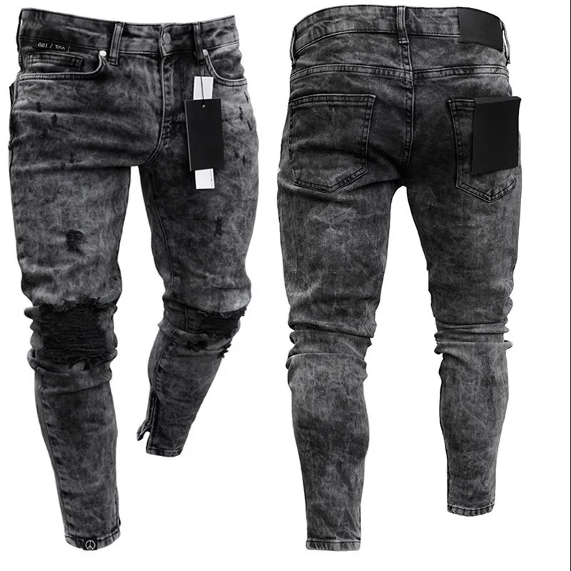 Pantalon de survêtement pour hommes, jean Sexy à trous, décontracté, fermeture éclair, pantalon slim déchiré, noir, crayon de motard, Long, 220314