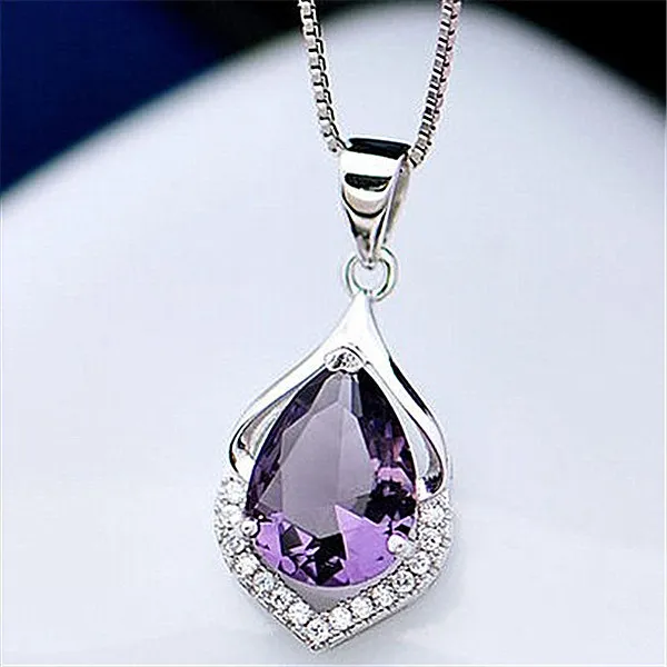 Crystal purple water drop Necklace Diamond pendant women necklaces silver chain fashion jewelry will and sandy gift