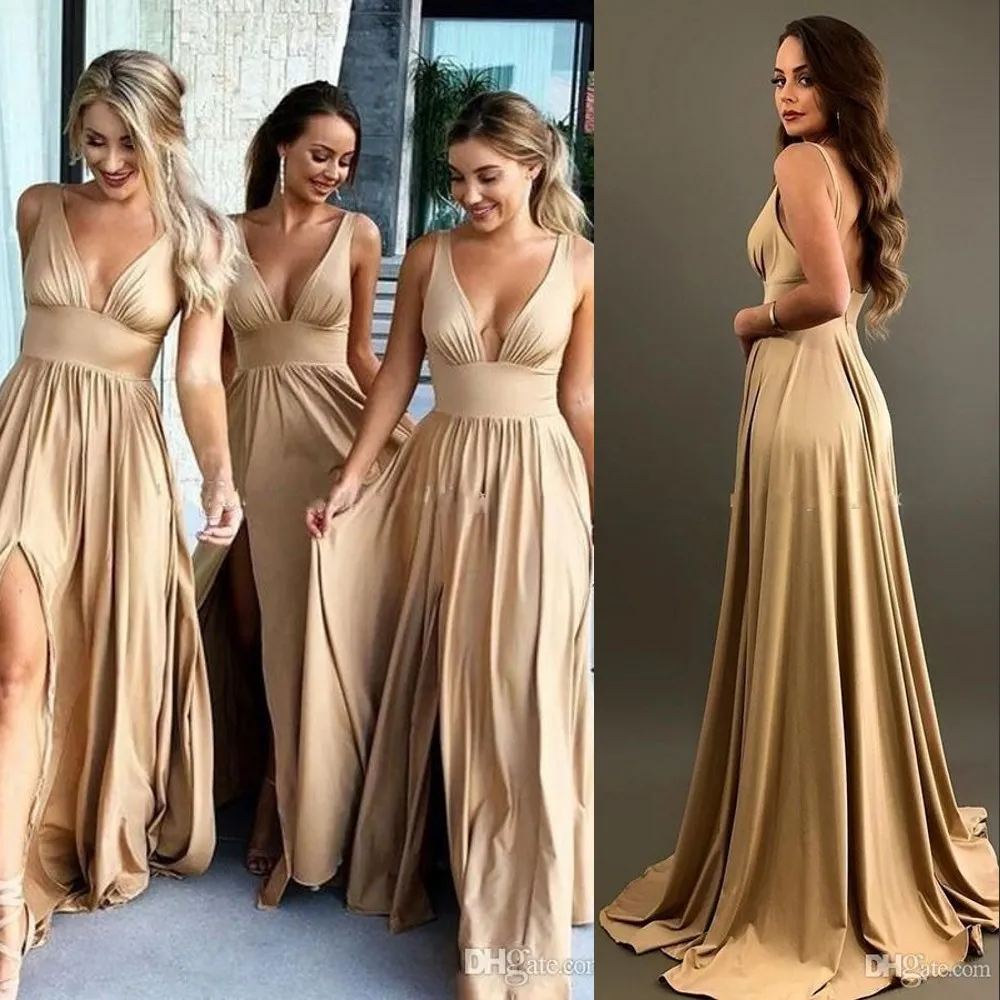 Gold and Dark Navy Arabic Country Beach long Gold bridesmaid dresses with Deep V-Neck, Backless Design, Side Split, and Floor-Length Hemline
