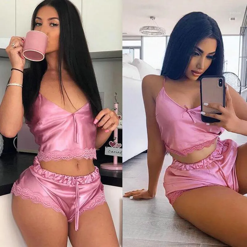 Women Spaghetti Strap Silk Lace V Neck Nightwear Set Bow Summer Femms Crop Tops Pajamas Set Lady Drawstring Sexy Sleepwear 20201