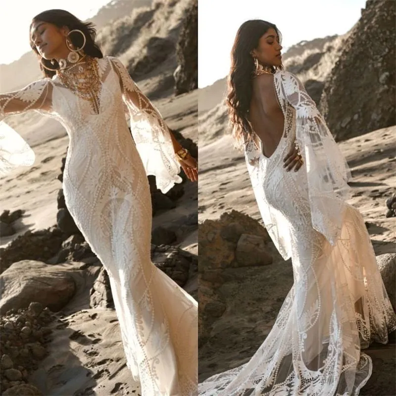 2021 Sexy Backless Dresses Mermaid Pearls Long Juliet Sleeves Sweep Train Lace Custom Made Beach Wedding Bride Gown Vestido De Novia 401 401