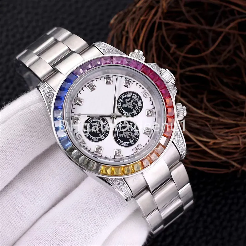 Diamant-Herrenuhr, automatische mechanische Uhren, 42 mm, Montre de Luxe, komplett aus Edelstahl, Armbanduhr, Regenbogen-Lünette, Super Lumin223G