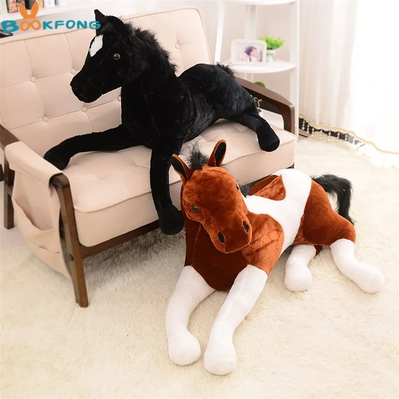 BOOKFONG 1PC Simulation Animal 70x40cm Horse Plush Toy Prone Horse Doll For Birthday Gift LJ201126