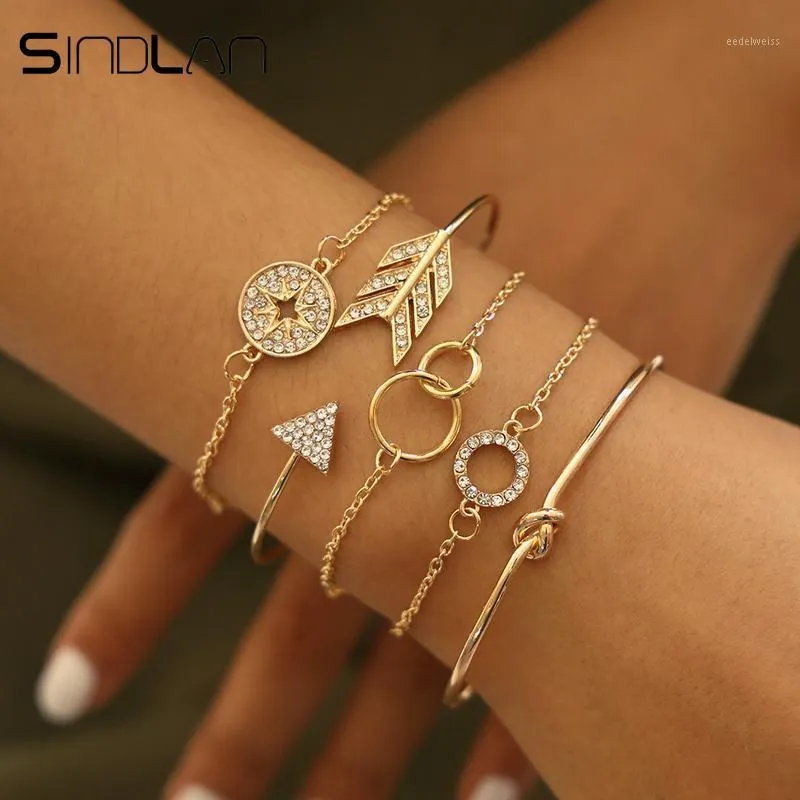 Charm Armband Sindlan 5st Crystal Geometric Bangles For Women Vintage Gold Open Set Arrow Compass Boho Armband Wrist Chain Jewelry1