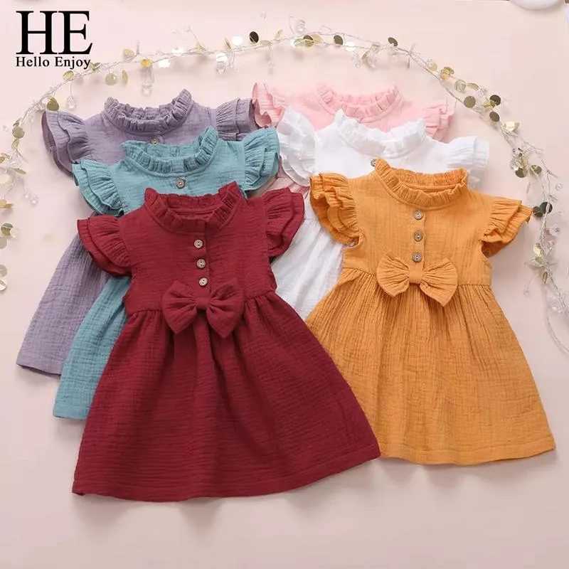 Vestidos de niña Hola, Hola, disfrute de niñas de manga de lino de algodón, color sólido, traje de viaje, verano, ropa, ropa para niños, vestido para bebés 1-5