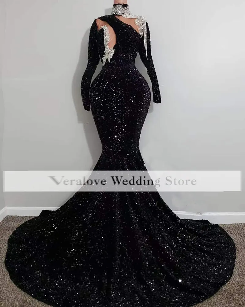 Schwarze Meerjungfrau-Abschlussballkleider, glitzernde Pailletten, lange Ärmel, schwarze Abendkleider für afrikanische Promi-Partys für Mädchen