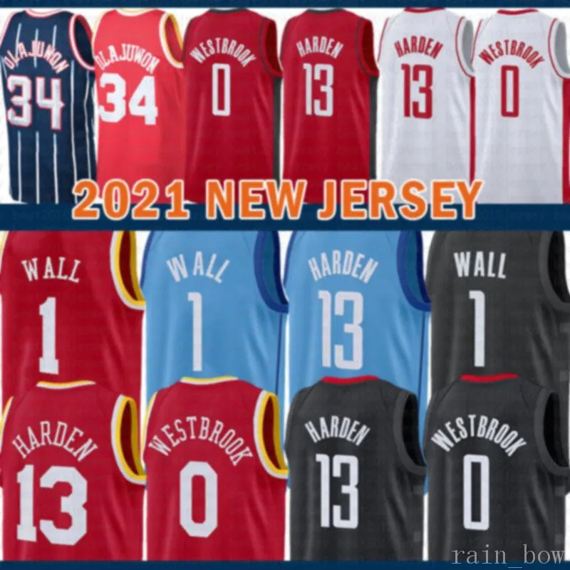 2021 New James 13 Harten Basketball Jersey Russell 0 Westbrook Herren Hakeem 34 Olajuwon billig John 1 Wand Mesh Retro Weiß