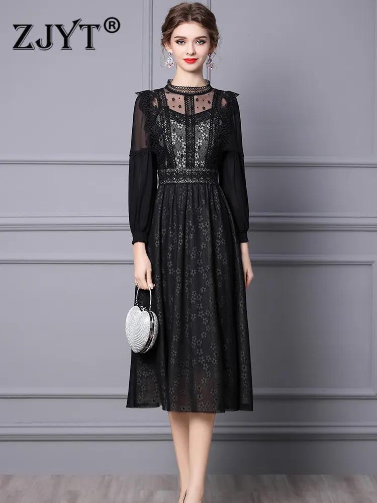 Elegancka dama See Seksowna Midi Lace Celebrity Party Dresses dla Kobiet 2022 Wiosna Vestidos Z Długim Rękawem Vintage Czarny Robe Femme