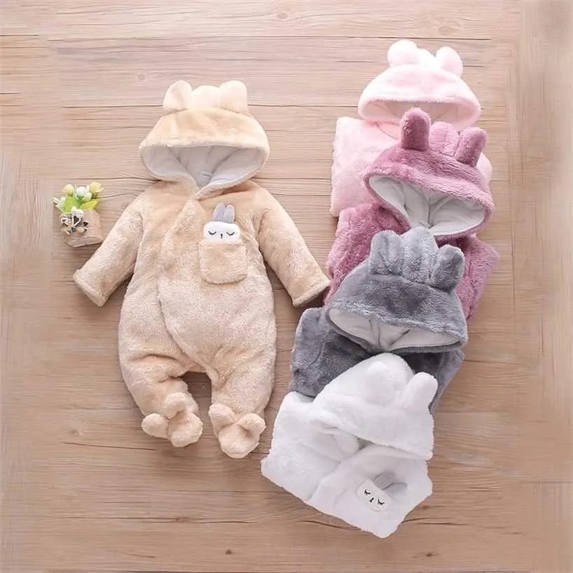 Infant Hooded Warm Rompers Autumn Winter Baby Girl Footies Boys s born Rabbit Ears Cute Jumpsuit Outfits 220106