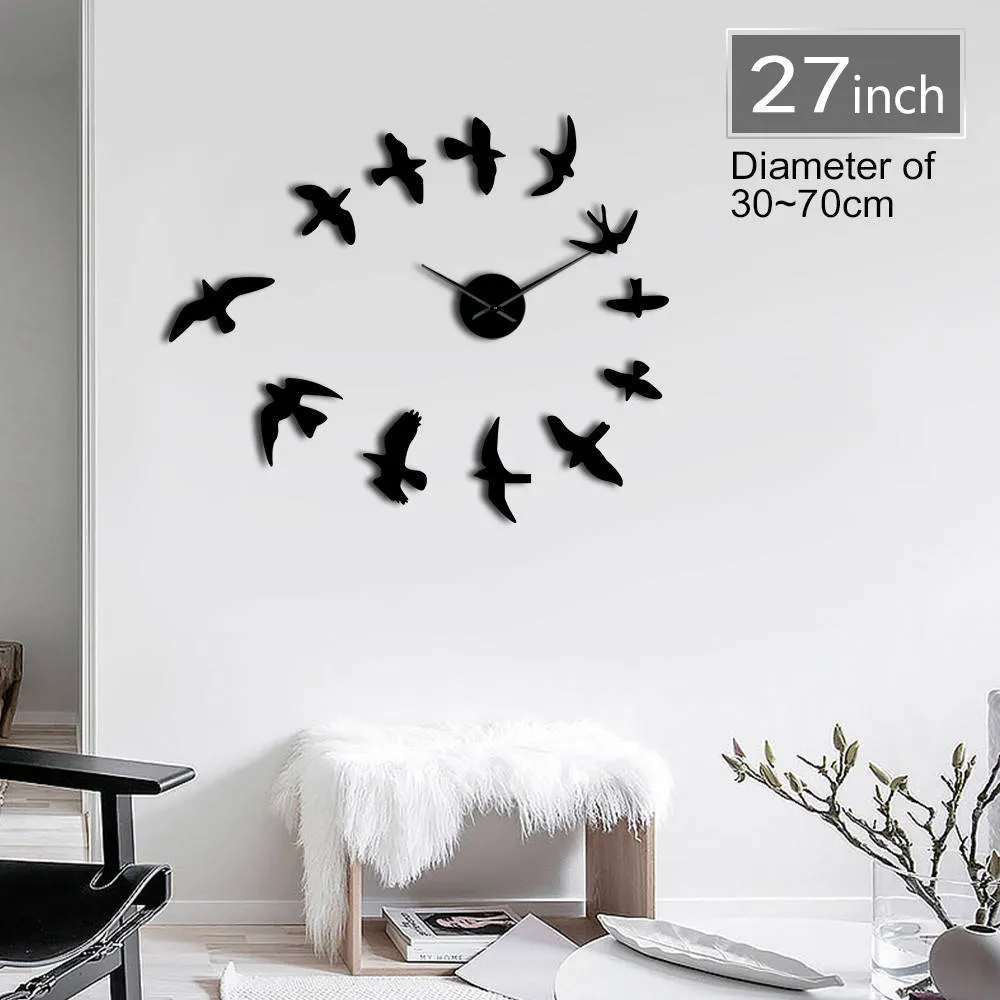 1 час 3D муха птицы зеркало большие настенные наклейки наклейки животных безрамный DIY гигантские часы огромный современный дизайн часы часы часы декор 201118