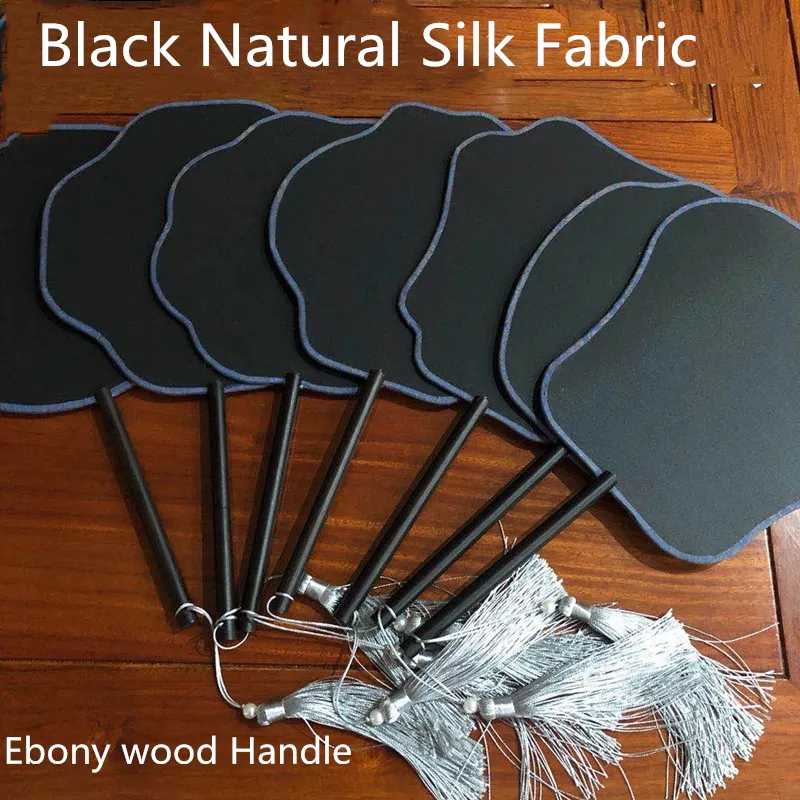 Rodada Black Diy Natural Silk Hand Fan com Ebony Handle Chinês Tradicional Traje Dance Show Pinturas de Caligrafia Bordado