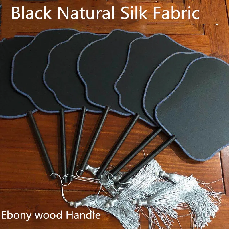 Round Black DIY Natural Silk Hand Fan With Ebony Long Handles