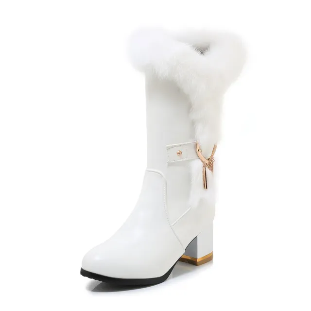 new winter long women's boots waterproof leather boots Metal decoration round Toe fur high heels size 34-43