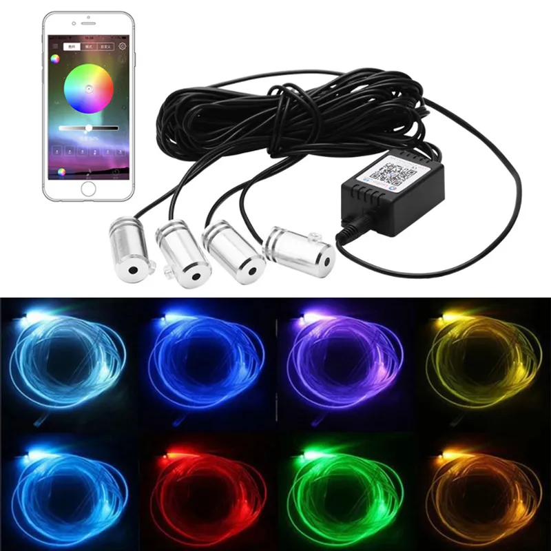 6 in 1 RGB LED Ambient Light Atmosphere Lamp Car Interior Decoration Light With Fiber Strip Lights By App Remote Control 12V