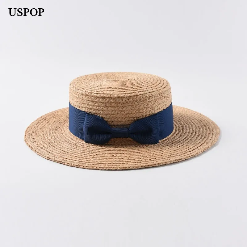 Uspop nya kvinnor raffia halm hatt kvinnlig naturlig halm sol hattar avslappnad bow-knot platt topp hatt sommarbredd brädhatt y200714