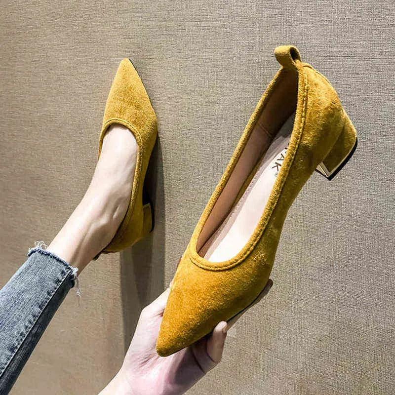 Dress Shoes Real Flock Pumps Female Shoes Solid Color Thick High Heels Women Pointed Toe Slip On Dress Shoes OL Work Pumps Ladies High Heels 220315