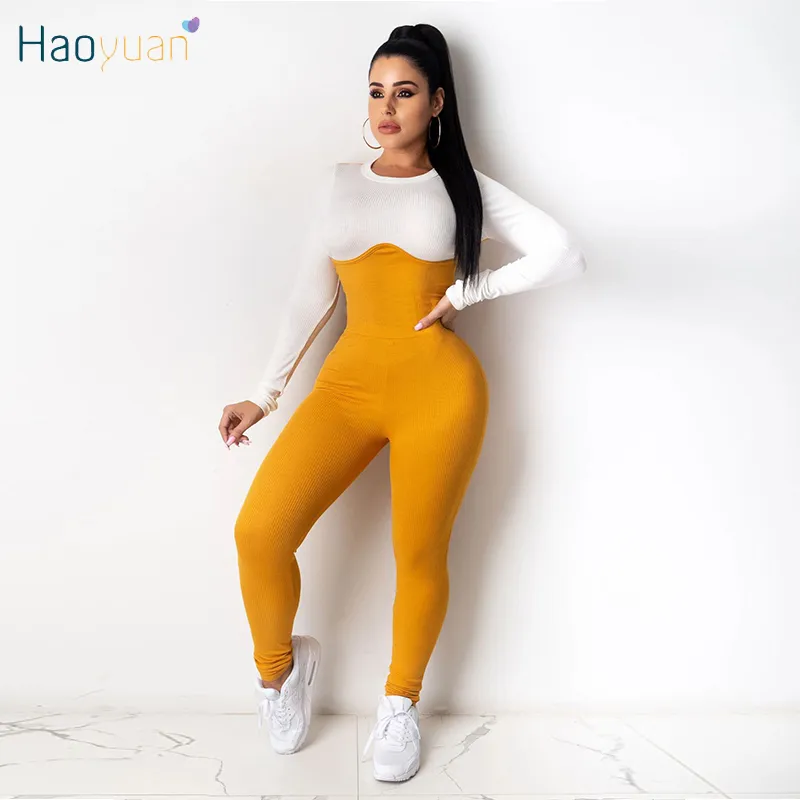 Haoyuan مثير محبوك bodycon بذلة طويلة الأكمام الخريف الملابس للنساء الشارع الشهير قطعة واحدة نادي وتتسابق الأزياء الجسم السروال القصير 201007