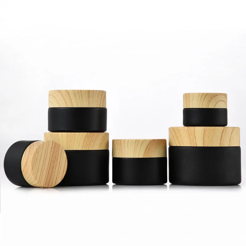 wholesale Black frosted glass cosmetic jars with woodgrain plastic lids PP liner 5g 10g 15g 20g 30 50g lip balm cream containers