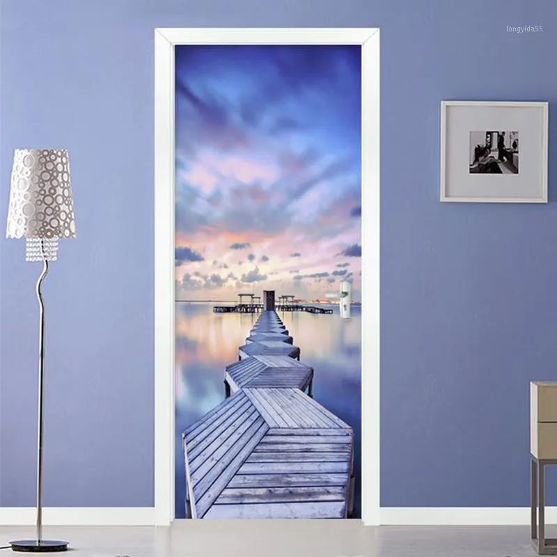 Moderno 3D cielo blu vista mare ponte di legno adesivo per porta soggiorno camera da letto foto creativa murale carta da parati impermeabile 3D1