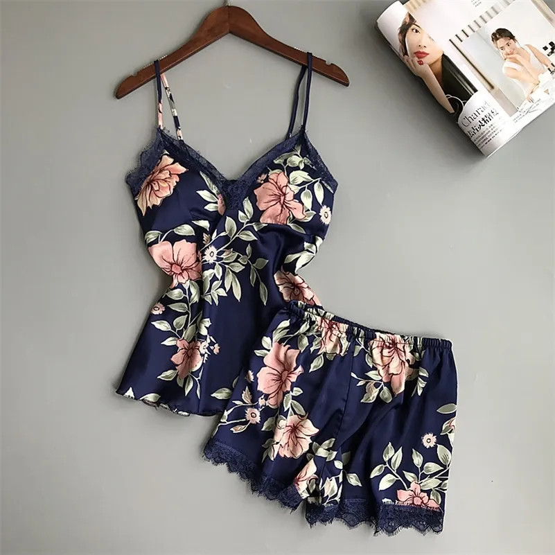 Bzel zijde satijn nachtkleding vrouwen zomer thuis slijtage kant sexy lingerie pyjama femme mouwloze bloemen tops + shorts plus size M-XXL Y200708